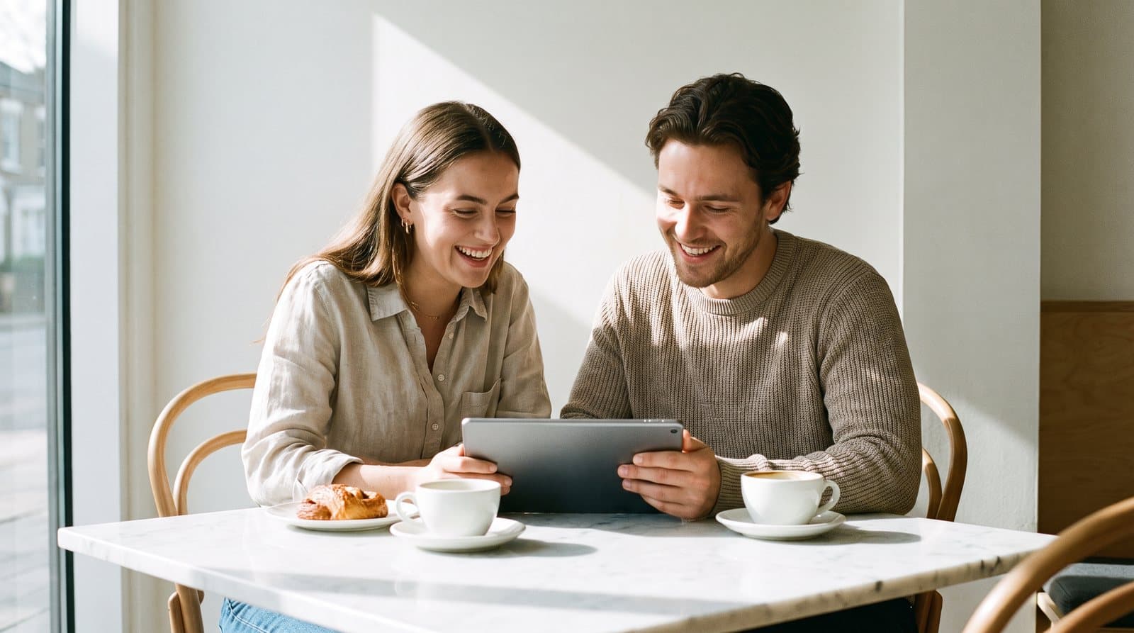 Two cafe owners laugh while reviewing the week on a tablet
