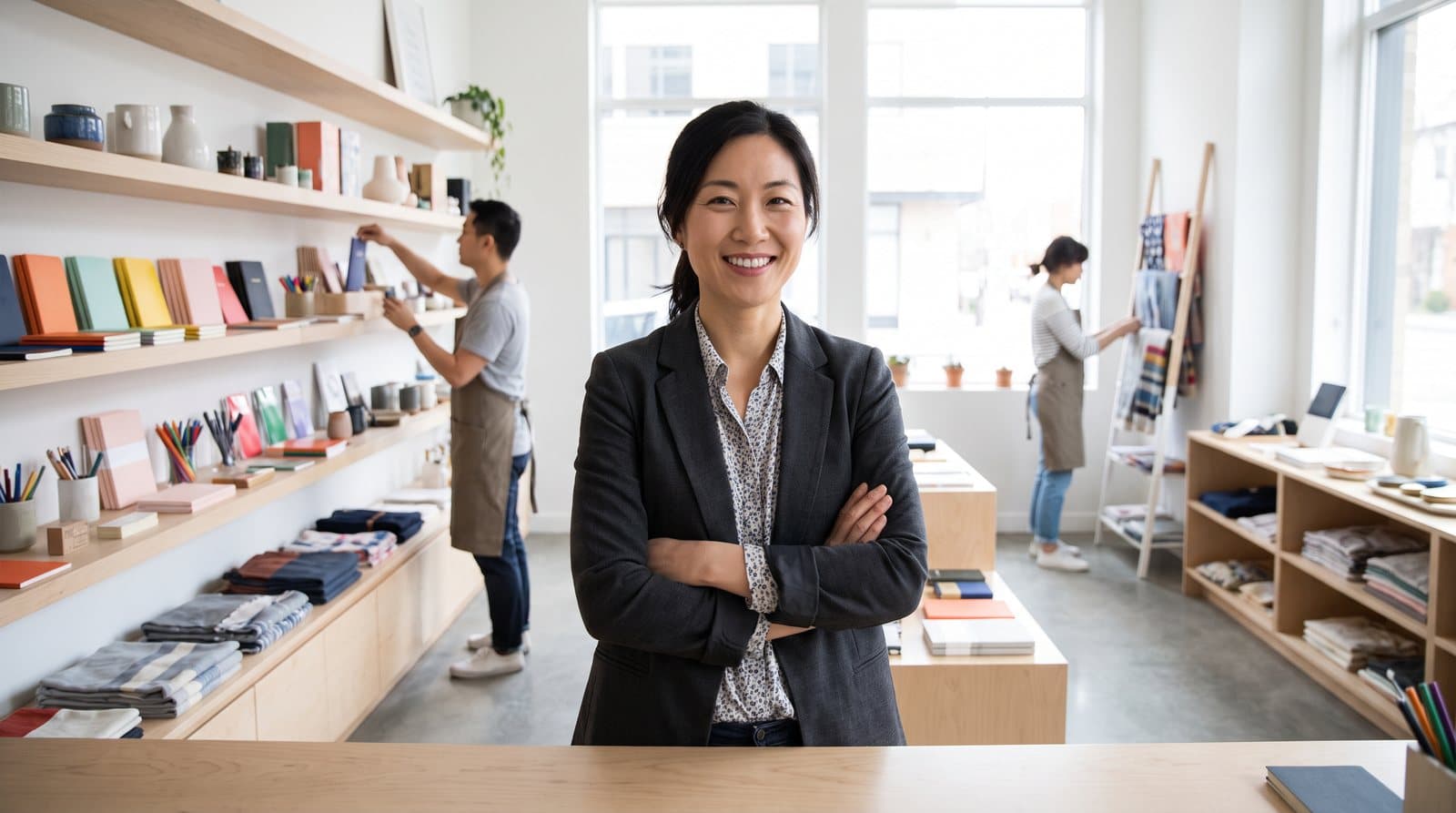 A stationery shop owner smiles behind her counter