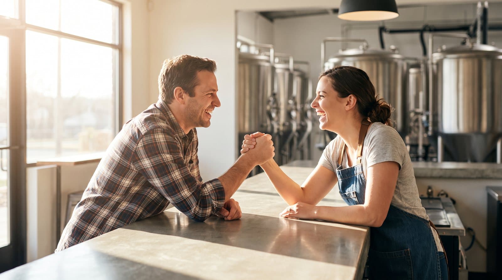 Two brewery owners shake hands and laugh across the bar