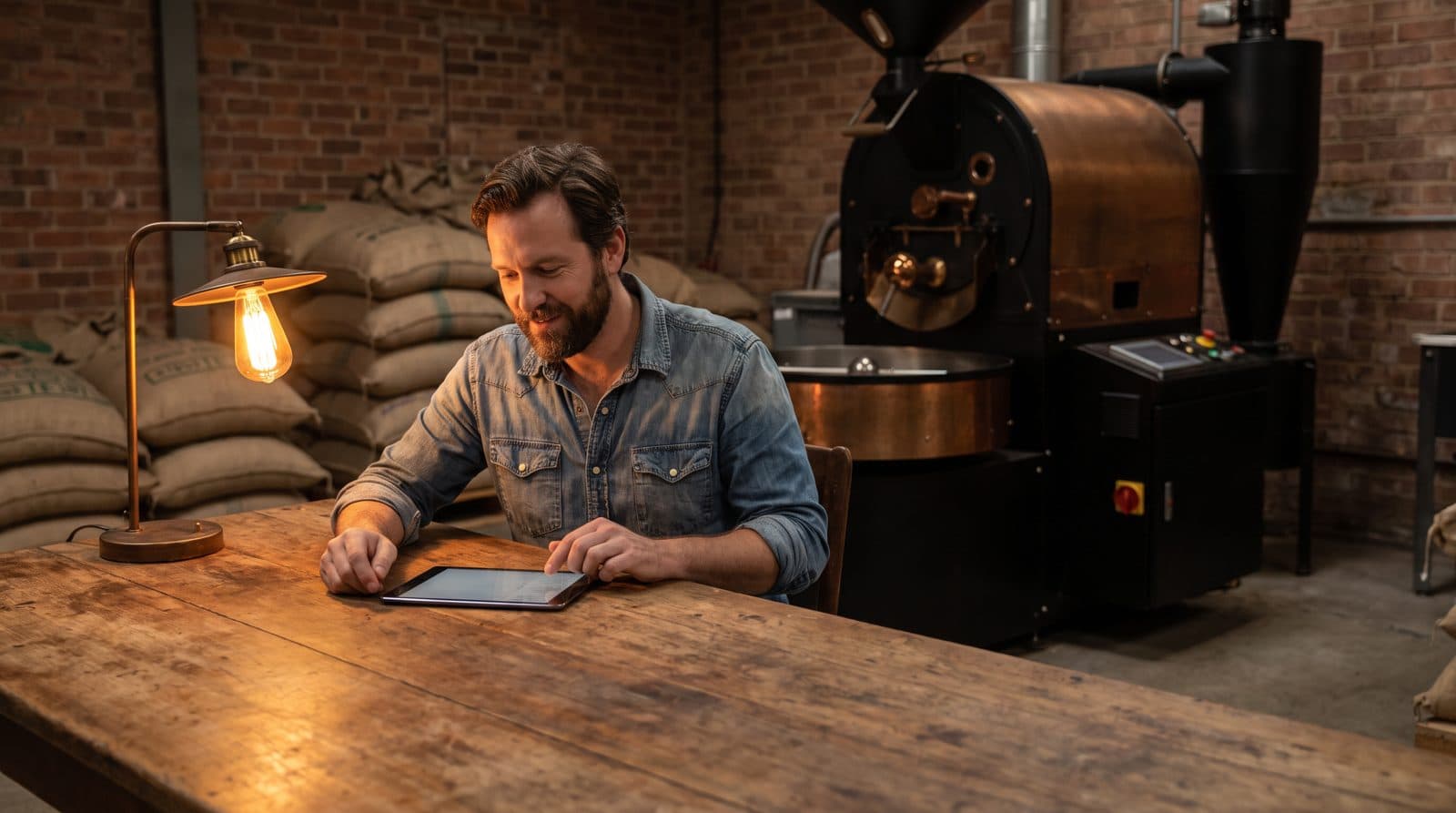 A coffee roaster reviews numbers on a tablet