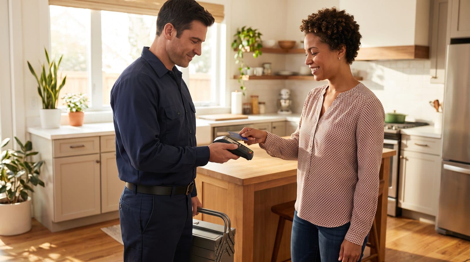 A homeowner taps his card on a landscaper's handheld terminal