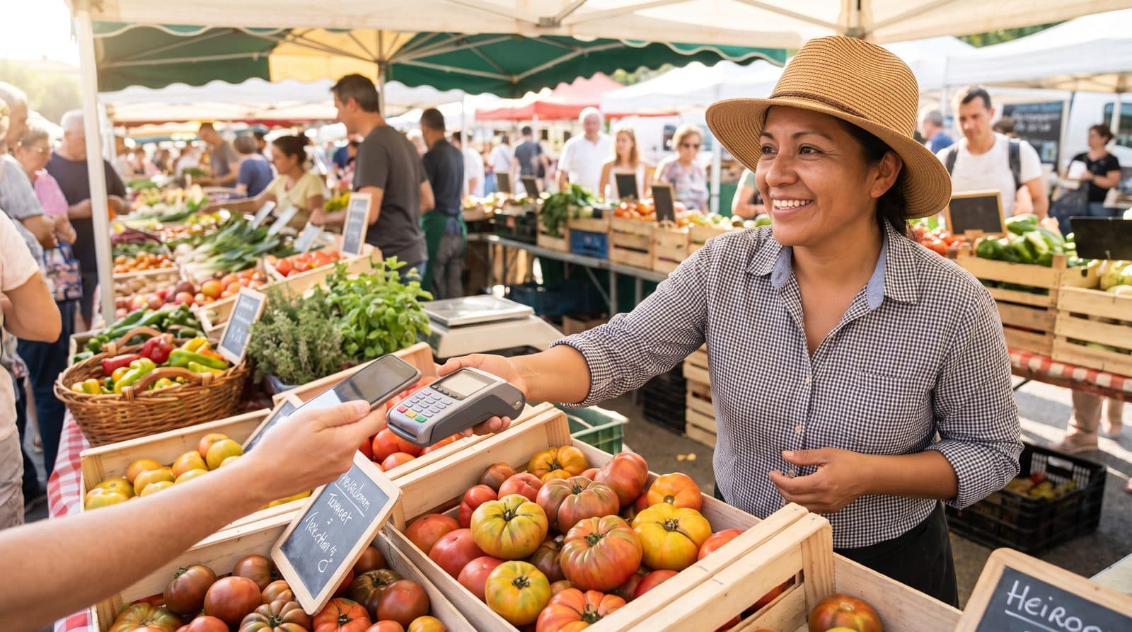 A farmer takes a tap payment at a market stall