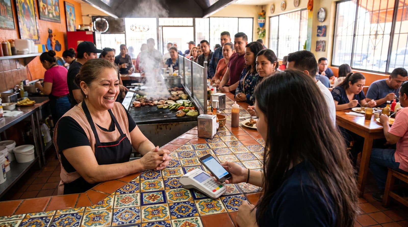 A taqueria owner smiles as a customer pays