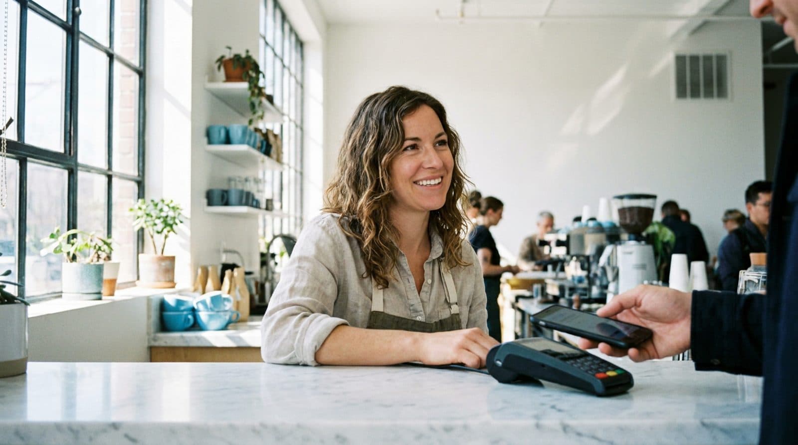 A cafe owner smiles at her counter beside a card terminal