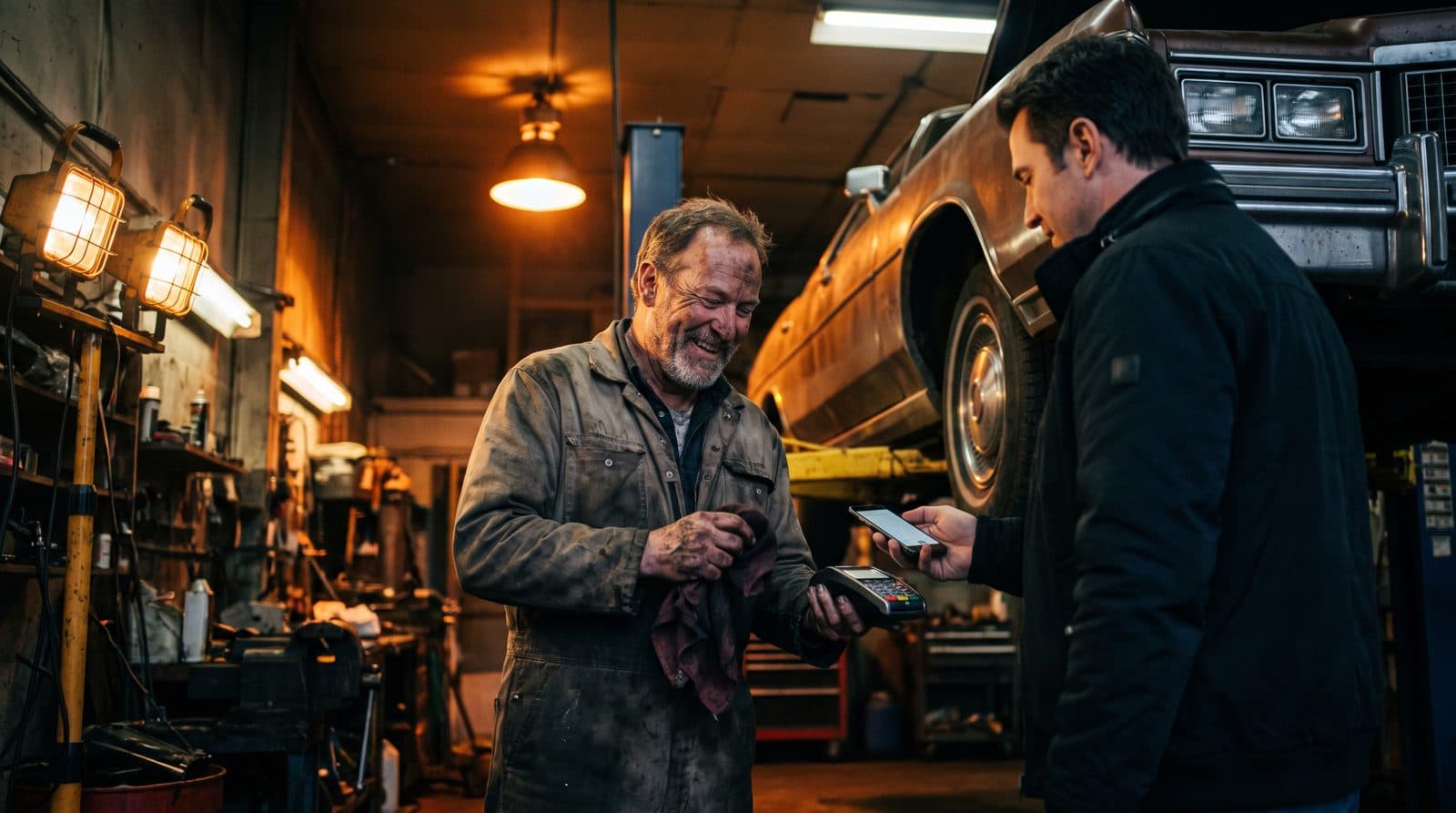 A mechanic grins as a customer taps a phone on his handheld terminal