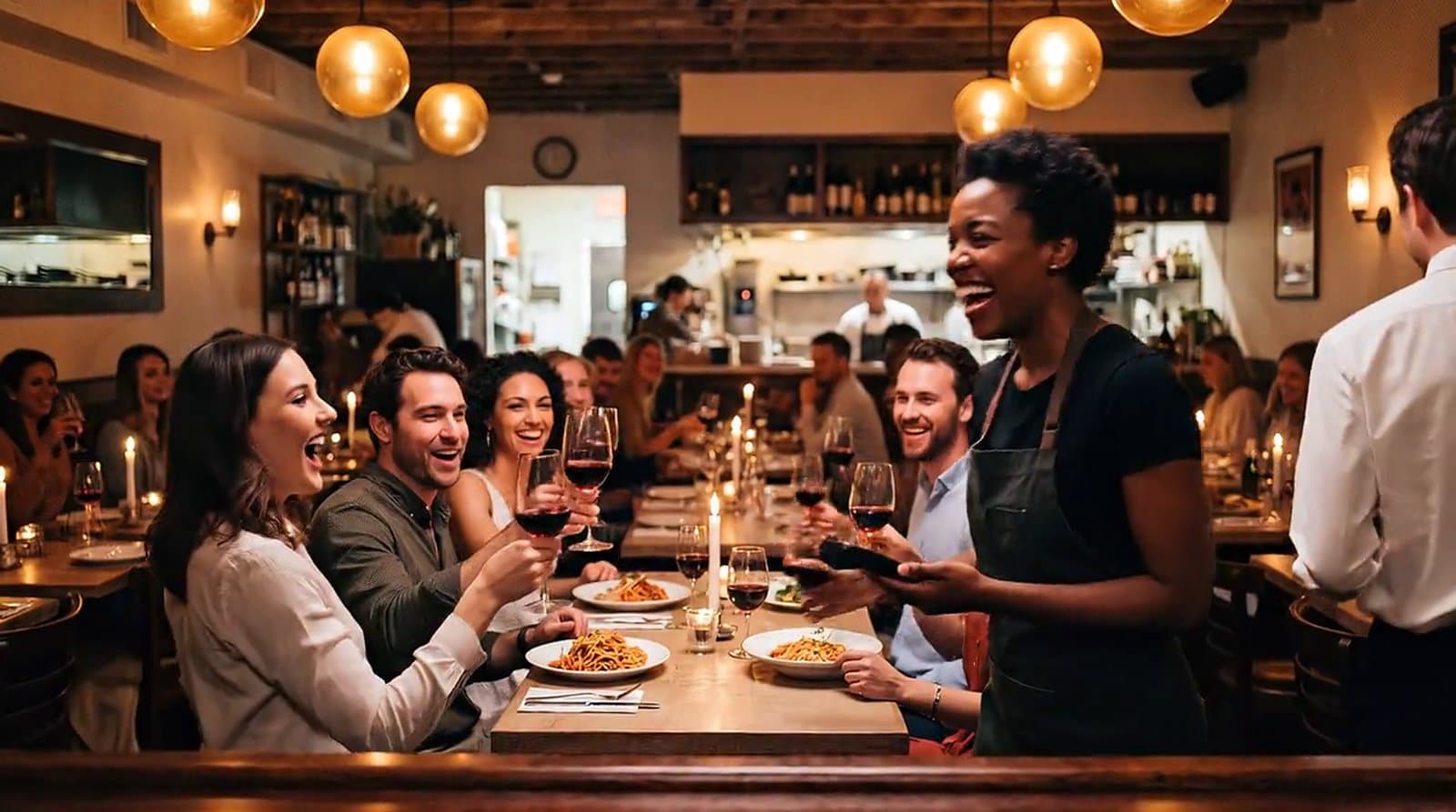 A server laughs with guests as she holds out a card terminal in a busy trattoria